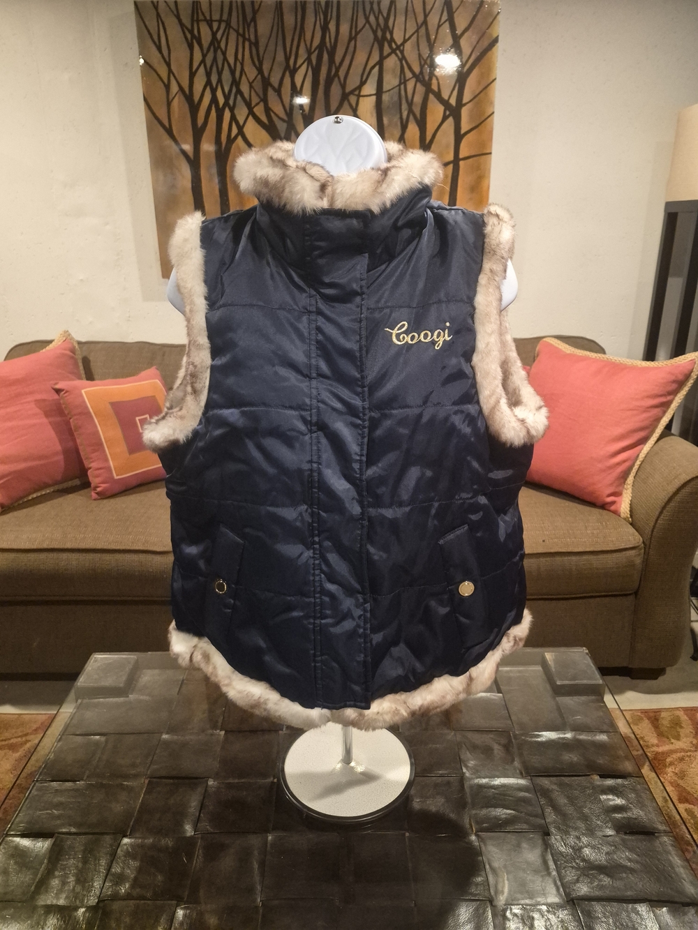 COOGI Navy Quilted Vest with Beige Faux Fur Trim and Gold Logo